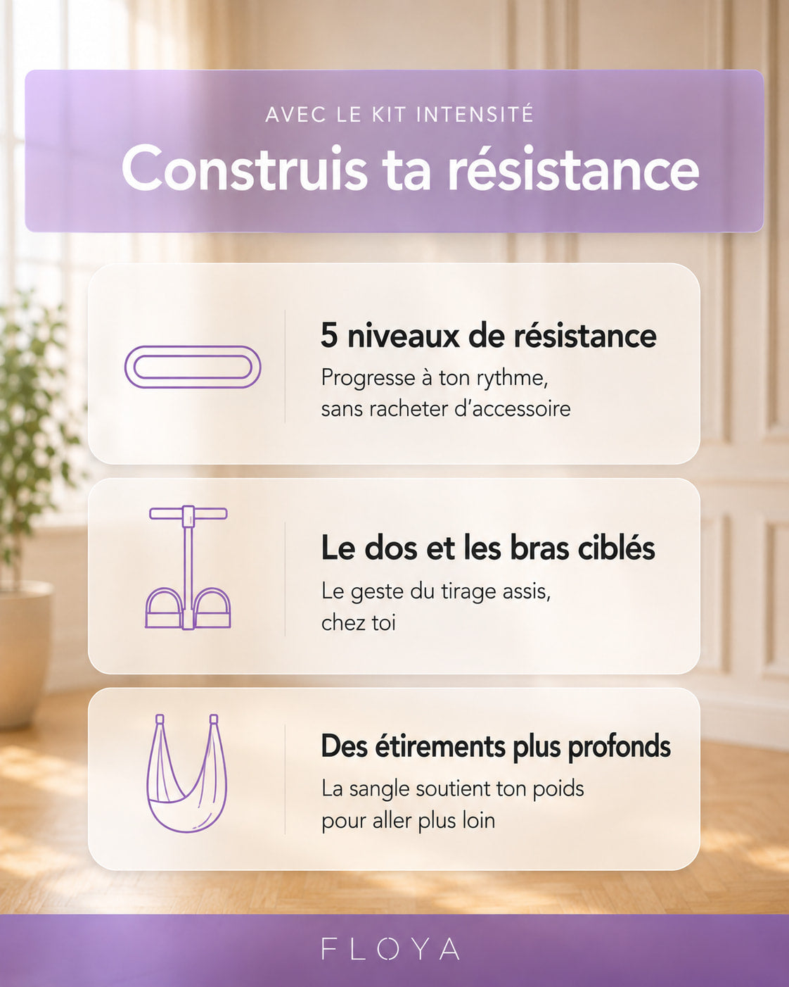 Les bienfaits du Kit Intensité Pilates Floya : bandes, tendeur, sangle