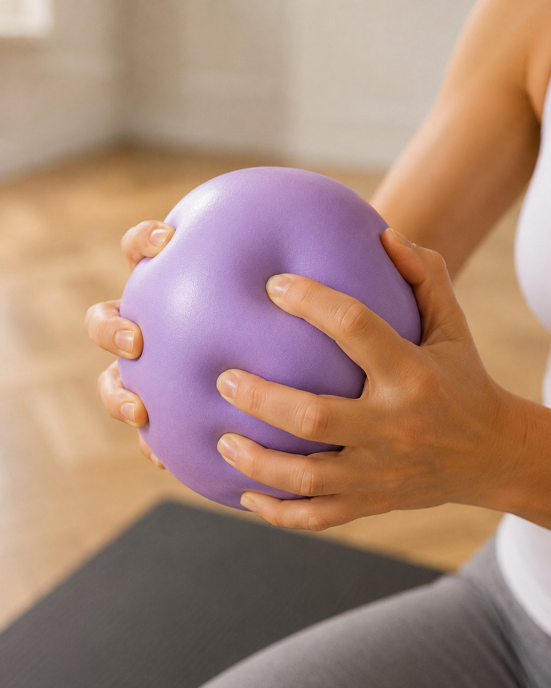 Femme utilisant le ballon de Pilates Floya, résistance en action