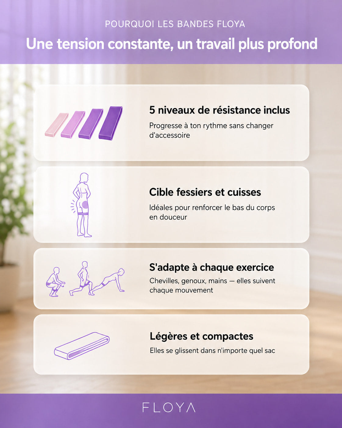 Les avantages des bandes de résistance Floya : 5 niveaux de résistance