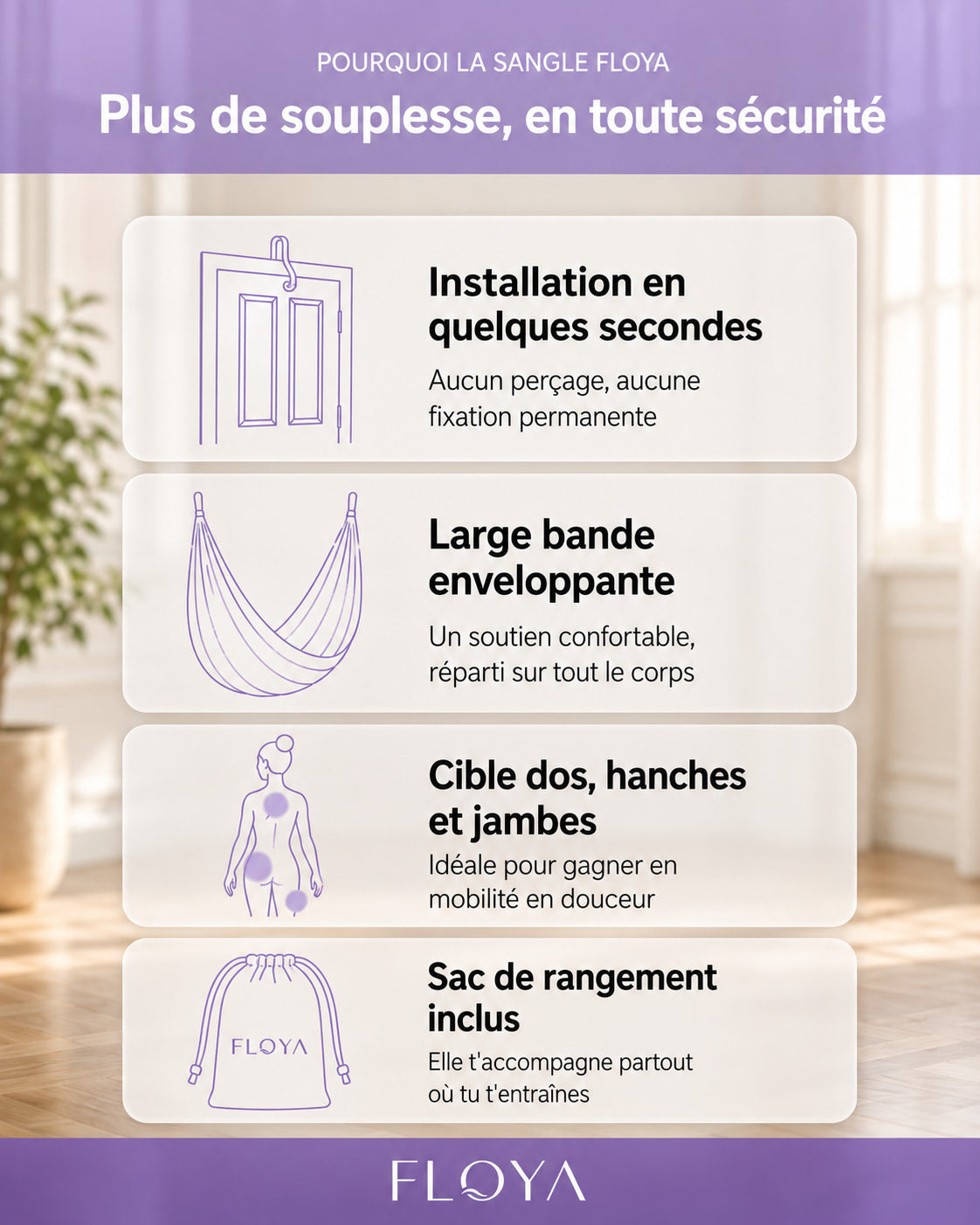 Les avantages de la sangle d'étirement Floya : installation rapide et souplesse