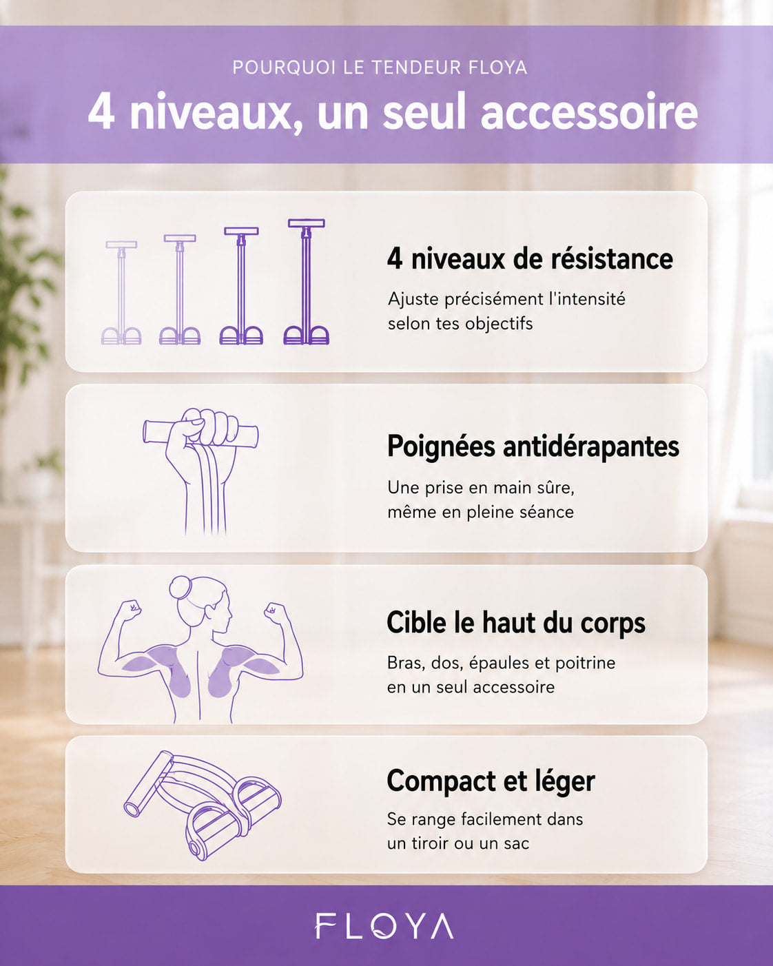 Les avantages du tendeur de résistance Pilate Floya : 4 niveaux et poignées antidérapantes