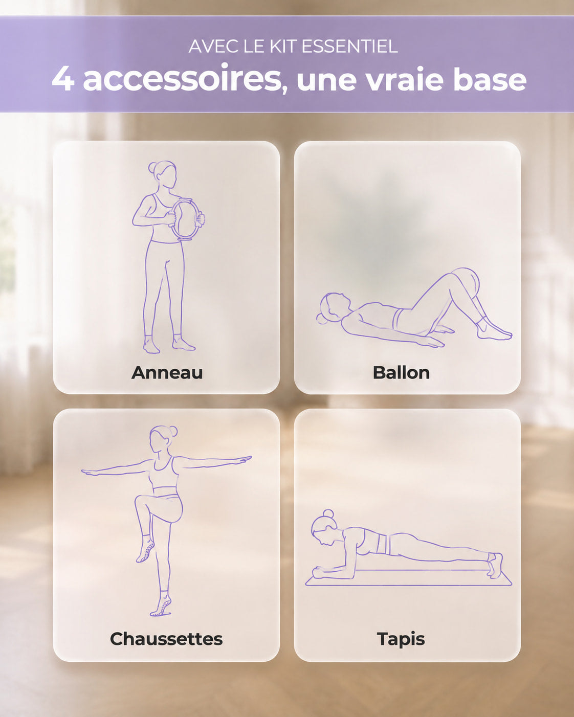 Aperçu des exercices à réaliser avec le Kit Essentiel Pilate Floya